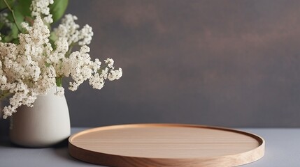 Wooden tray and flowers on grey background. Round birch saw cut for eco cosmetic product advertising and white gypsophila. Beauty product presentation mockup. Natural materials. Copy space, front view