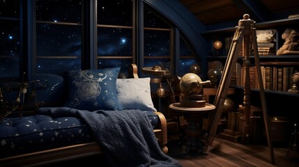 A celestial-themed reading nook with a telescope, constellation maps, and celestial decor for stargazing in comfort