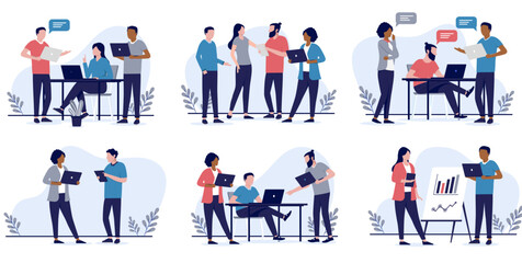 People working in office vector collection - Set of illustrations of businesspeople in casual clothes working with computers, talking and discussing together. Flat design on white background