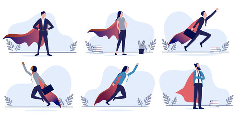 Successful business superheroes vectors - Collection of great businesspeople in cape, standing and flying. Achievement and triumph concept illustrations