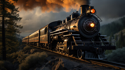 Fototapeta premium The Massive Steam Locomotive Belches Smoke And Steam As It Chugs Down The Tracks Its Steel Wheels Screeching Against The Rails Background