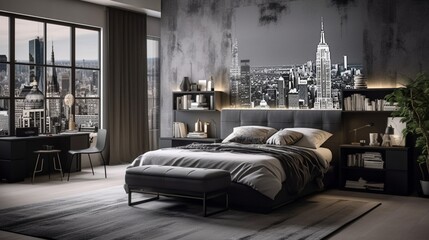 A cityscape-themed bedroom with skyline murals, modern furniture, and sleek city-inspired decor for an urban retreat.