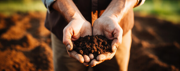 Dark soil in farmer hands. banner. Male hands touching soil on the field. - obrazy, fototapety, plakaty