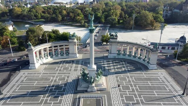 Iconic landmark Heroes' Square in Budapest, Hungary. Aerial tilt-up view