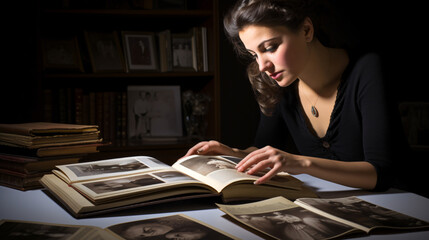 Looking back: female middle eastern model looking at photos in photo album, collages  of the past 