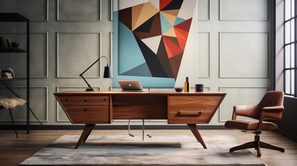 A mid-century modern home office with a teak desk, iconic chair, and geometric wall art for a stylish and productive workspace. 