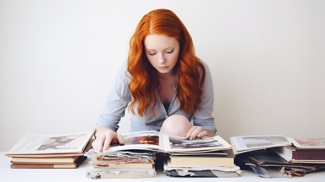 Looking back: female red haired model looking at photos in photo album, collages  of the past 