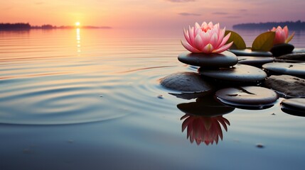 Zen Concept - Spa Stones And Waterlily In Lake At Sunset