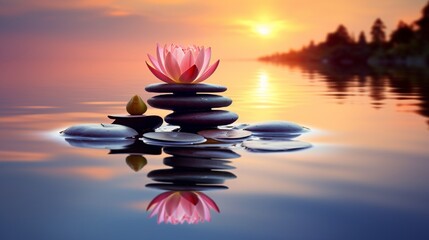 Fototapeta na wymiar Zen Concept - Spa Stones And Waterlily In Lake At Sunset