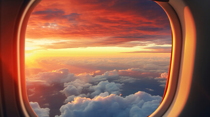 A view of a sunset from an airplane window with clouds