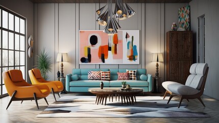 A mid-century modern living room with iconic furniture pieces, geometric patterns, and a statement chandelier. 