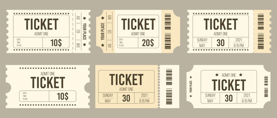 Ticket set icon, vector illustration in the flat style. Ticket stub isolated on a background. Retro cinema or movie tickets