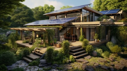 An eco-friendly green home with solar panels, rainwater harvesting systems, and a living roof covered in plants for sustainable and modern living.