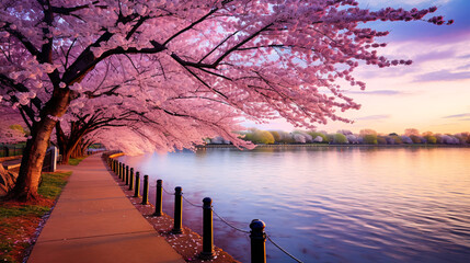 桜の背景、水辺に咲く満開のサクラの花の風景