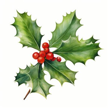 Watercolor of Cristmas Holly leaves decoration with red berries. ai generated