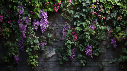 Fototapeta na wymiar A wall covered in vines and flowers