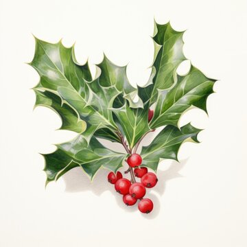 Watercolor of Cristmas Holly leaves decoration with red berries. ai generated