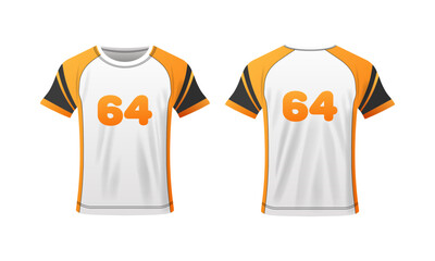 T-shirt with number. Flat, color, sports t-shirt mockup, number 64, sports t-shirt template with number. Vector icons