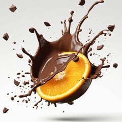Orange in chocolate. Dark chocolate splash with orange and droplets isolated on white background, citrus, 3d rendering
