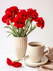 Obraz na płótnie Canvas Cup of black coffee and bouquet of red carnations in a vase on white background.