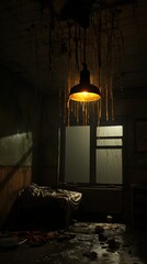 Empty chair in the rays of a spotlight against the background of grungy rough walls