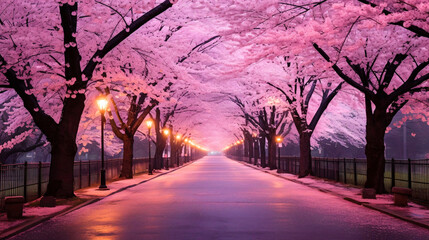 雨の桜並木、満開の桜と濡れた道の風景