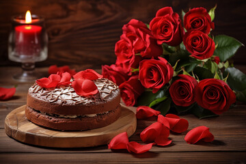 Chocolate cake with red roses on a wooden background. Selective focus. Valentines day background.  Birthday cake and red rose on table.