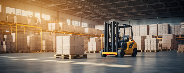 Modern future fork lift in warehouse. Heavy truck loadre in factory house. copy space for text. - obrazy, fototapety, plakaty