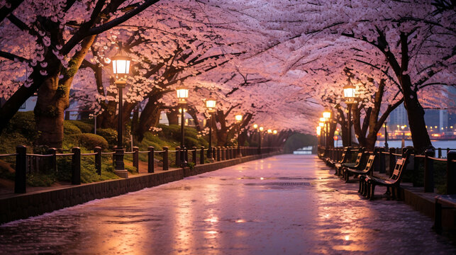 雨の桜並木、満開の桜と濡れた道の風景