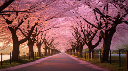 桜並木、満開の桜と公園の散歩道の風景 - obrazy, fototapety, plakaty