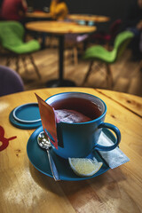 Blue ceramic cup of tea