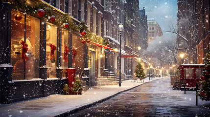 Enchanting Christmas Scenes: Captivating Snowy Yards Illuminated with Lights background ai generated