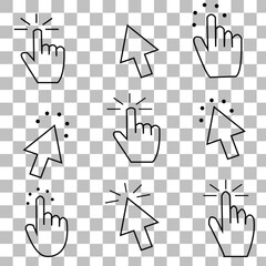 Computer mouse click cursor gray arrow icons set and loading icons. Cursor icon .Hand clicking icon collection. Pointer click icon. Mouse click cursor collection. Vector illustration 5 4 3