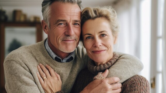 A happy Caucasian couple shares a warm embrace.