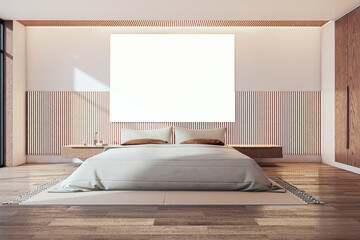 Modern luxury bedroom interior with empty white mock up banner, king size bed and sunlight. Hotel room concept. 3D Rendering.