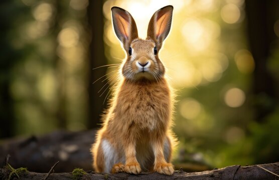 Rabbit, native European wild rabbit. A young rabbit in natural habitat with natural background