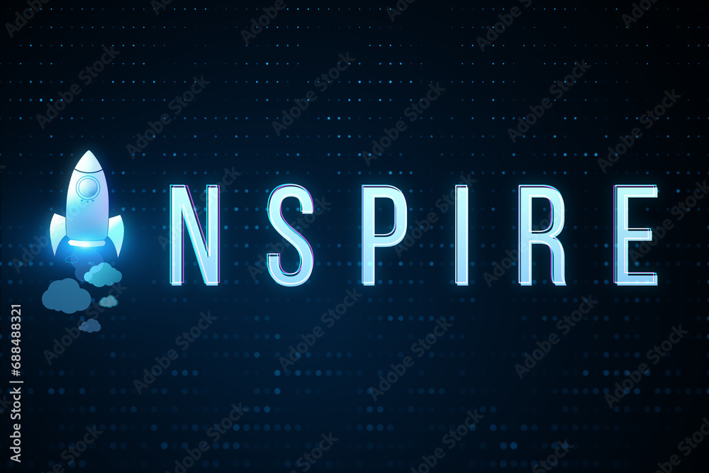 Poster creative text with space ship replacing letter on dark wallpaper with bokeh circles. think, idea, st