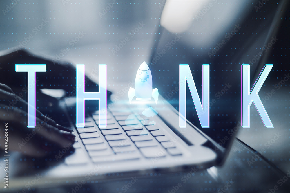 Aufkleber close up of laptop with creative text and spaceship replacing letter on blurry background with bokeh