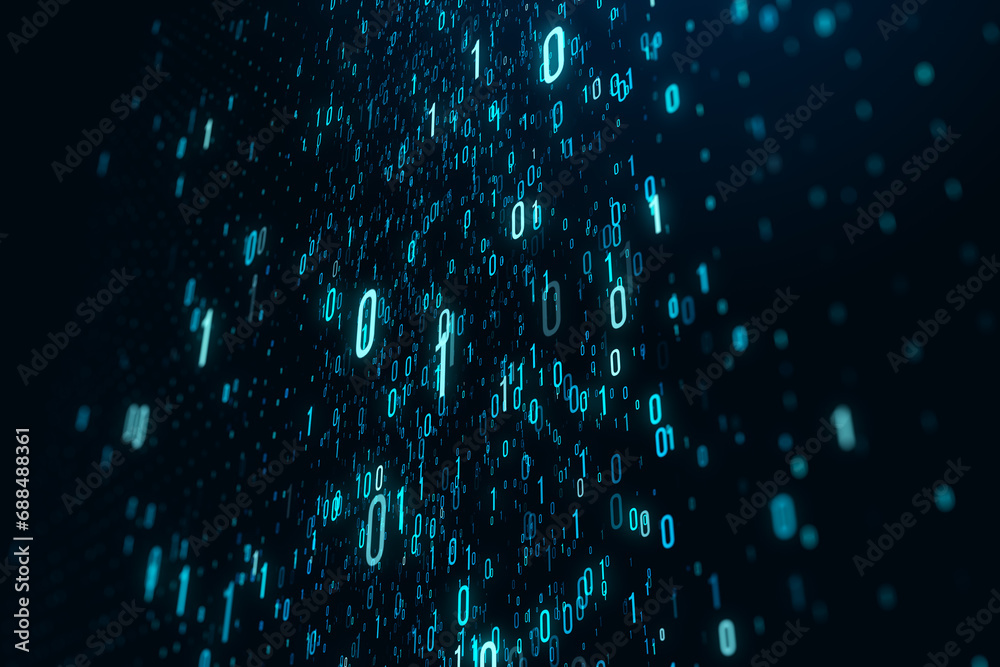 Fototapete Creative binary coding on dark wallpaper. Matrix and security concept. 3D Rendering.