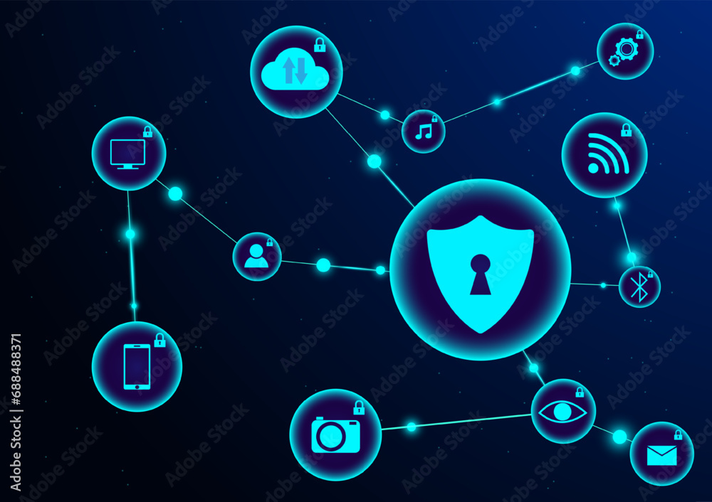 Fototapete Cyber technology security, Hi-tech vector illustration with various technology elements. Digital internet communication on dark blue. information, technology, Internet protection concept background.