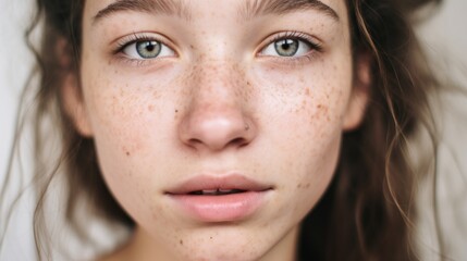 Obraz premium Imperfections highlighted as a teen girl poses against a light beige background.