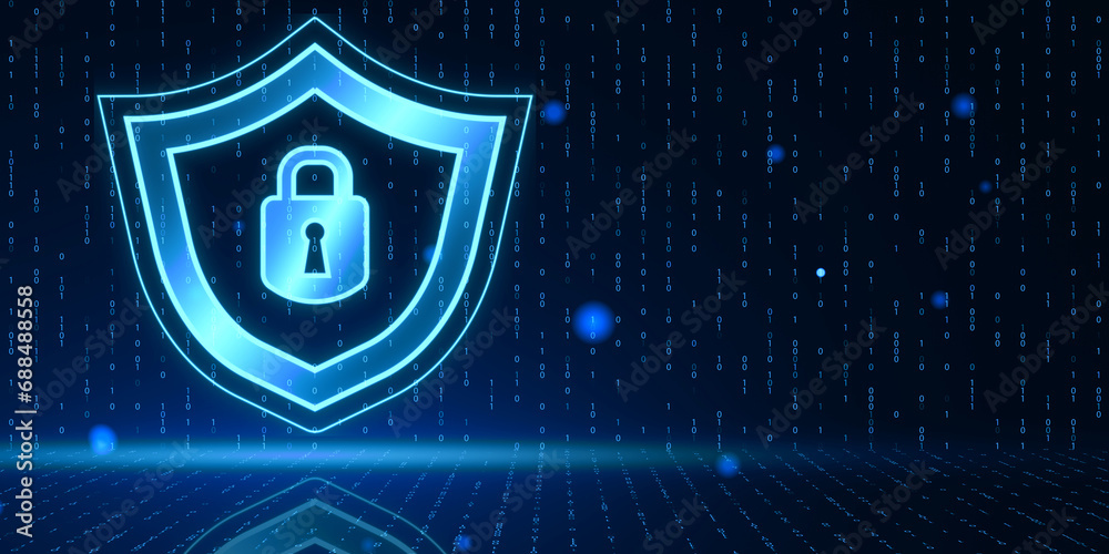 Aufkleber Creative digital security padlock and shield hologram on blurry blue binary code background. Secure, safety and identification concept. 3D Rendering.