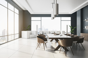 Modern meeting room interior with window and city view, furniture and daylight. 3D Rendering.