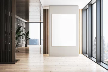 Foto op Plexiglas Modern office interior with bookshelf, wooden flooring, window with city view, daylight and blank mock up banner on wall. 3D Rendering. © Who is Danny