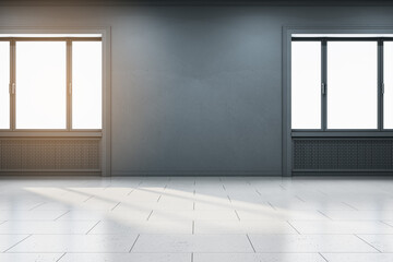 Obraz premium Modern gallery interior with empty mock up place on wall, concrete flooring and windows. 3D Rendering.