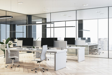 New glass coworking office interior with wooden flooring, panoramic windows and city view, furniture, equipment and computer monitors. 3D Rendering.