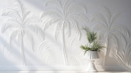A white wall with a bunch of white palm trees