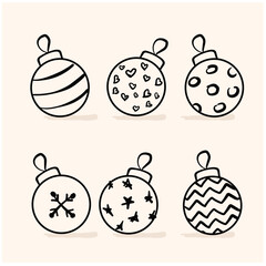 Different circle Christmas ball Doodle Line art, hand draw line sketch set.