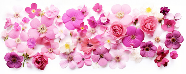 Assorted pink and rose flowers on white for Valentine's concept