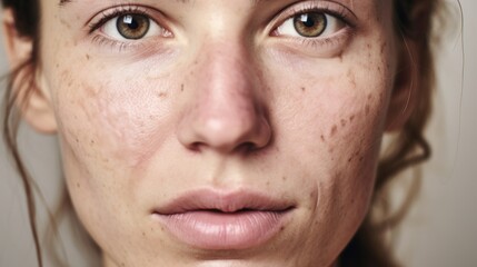 Imperfect skin takes center stage as a European woman poses against a studio light beige background.